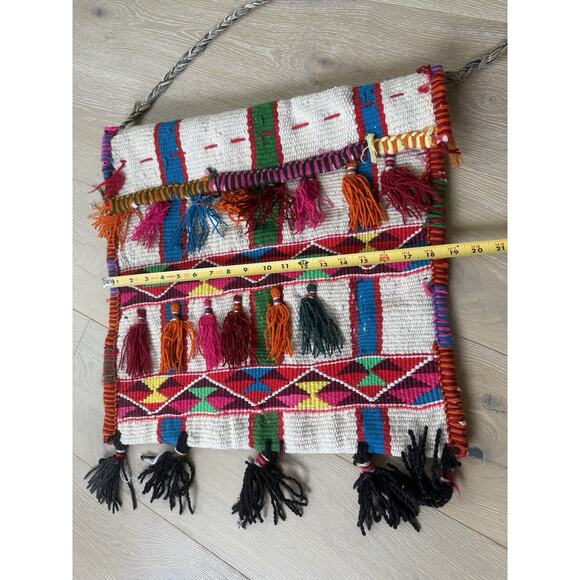 Vtg Wool Carpet Rug Tapestry Tassel Textile Salt Bag Wall Hanging Boho Fringe - Picture 2 of 9